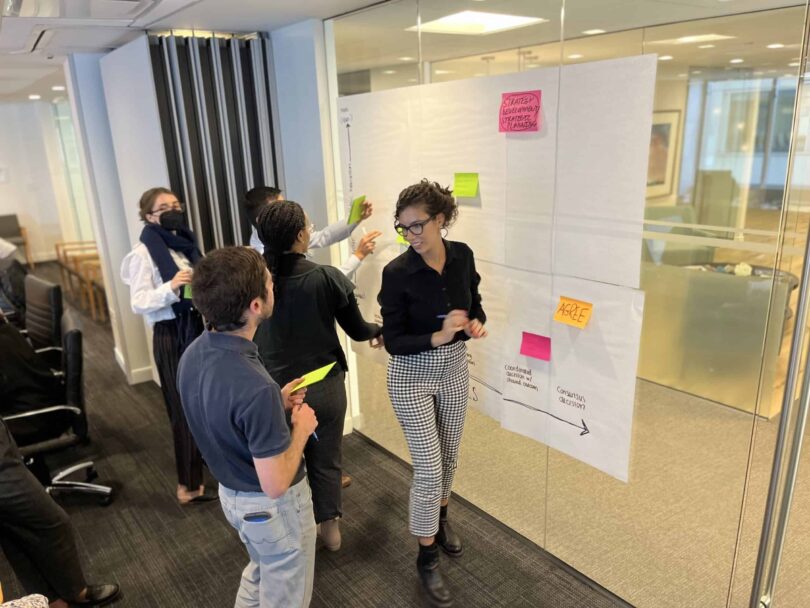 A group of Meridian fellows, three women and two men, gather around large post-it papers in a boardroom. They are engaged in discussion.