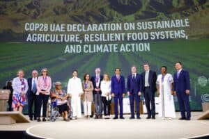 Non-state actors stand on a stage at COP28, after signing the Just Rural Transition's Climate Champions Call-to-Action