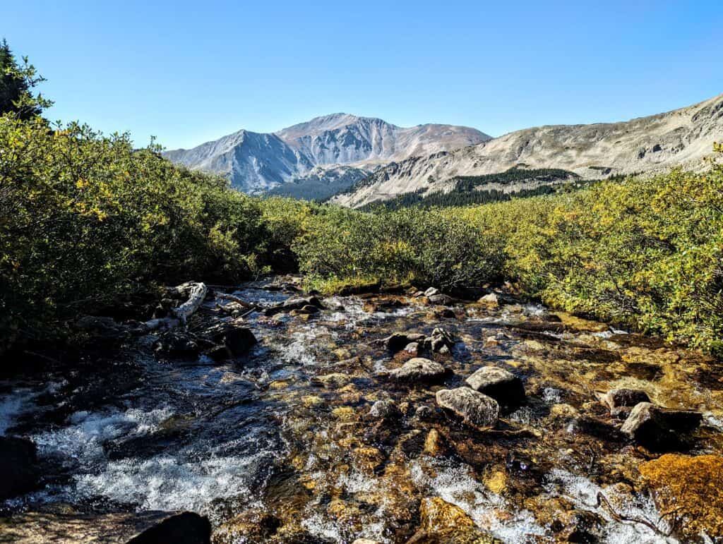 River flowing with nearby greenery and mountains in the distance