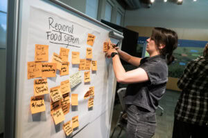 A woman adds post-it notes to a whiteboard with the title "Regional Food System" written on it, on top of a bunch of orange post-it notes.